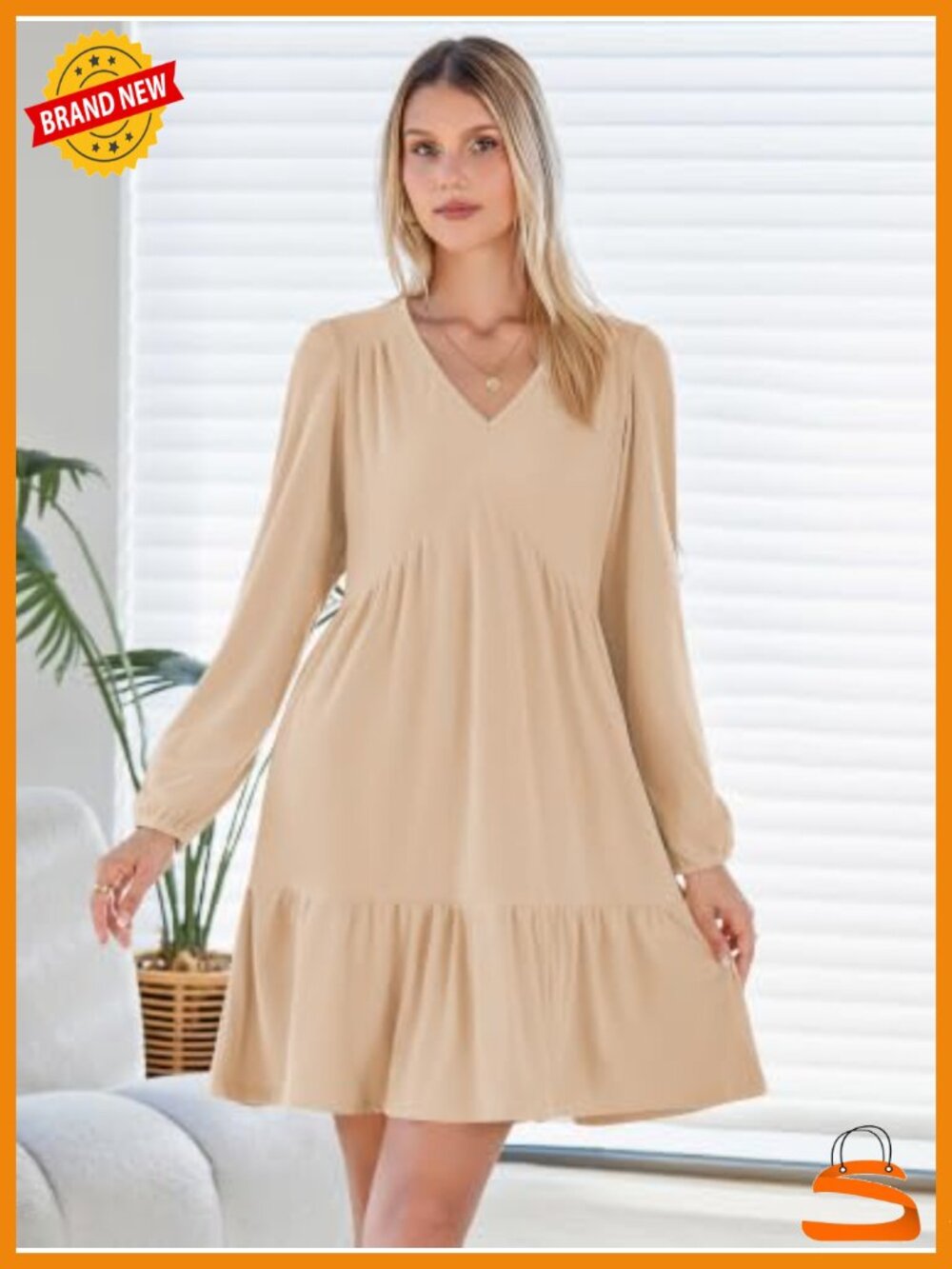 Naggoo Ribbed Knit Babydoll Sweater Dress Women Long Sleeve V Neck Ruffle Mini - Picture 2 of 6